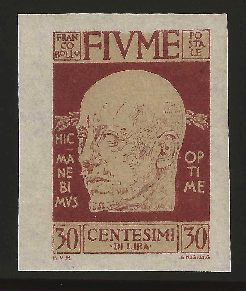 1920 Fiume - D'Annunzio 30 c. non dentellato con decalco MNH**