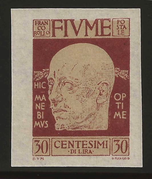 1920 Fiume - D'Annunzio 30 c. non dentellato con decalco MNH**