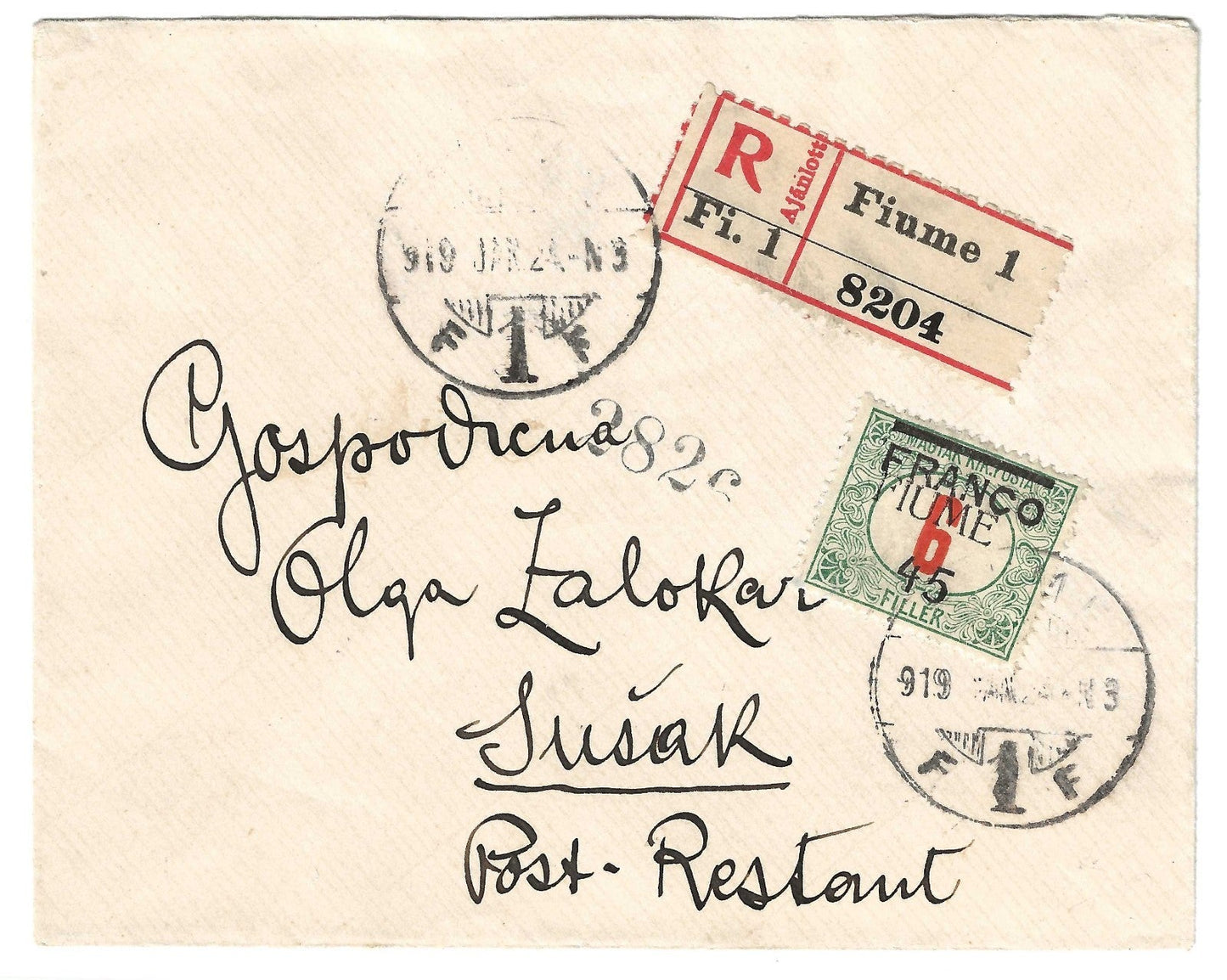 1919 Fiume - Lettera da Fiume a SUSAK con 45 su 6 f. Segnatasse FRANCO 45