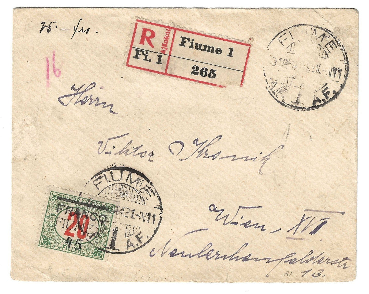 1919 Fiume - Lettera da Fiume per Vienna con 45 su 20 f. Segnatasse FRANCO 45