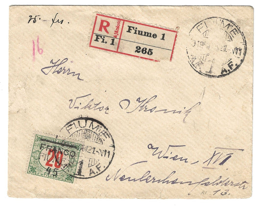 1919 Fiume - Lettera da Fiume per Vienna con 45 su 20 f. Segnatasse FRANCO 45