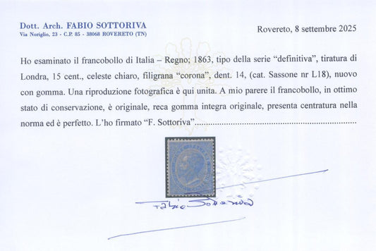 REGNO 1863 DE LA RUE 15 CENT CELESTE CHIARO  ** CENTRATO CERTIFICATO1