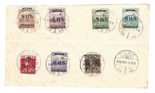 1918 Fiume - Foglio filatelico con valori d'Ungheria in filler SHS Hrvatska