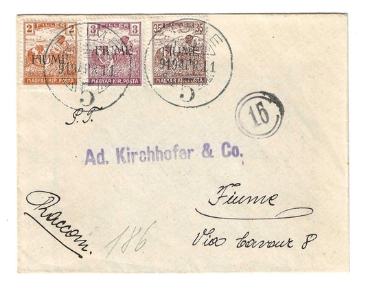 1919 Fiume - Raccomandata per città con 2, 3 e 35 f. Mietitori d'Ungheria