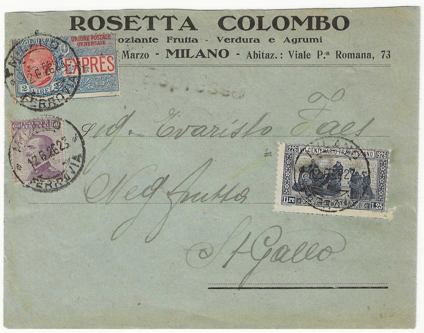 Regno d'Italia - Espresso per la Svizzera con 1,25 l. S. Francesco 1926