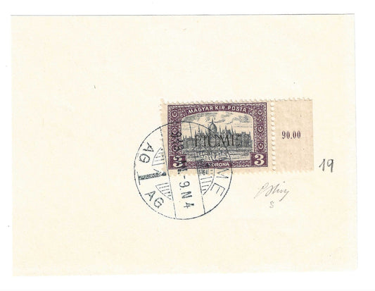 1919 Fiume - Frammento con 3 k. violetto serie Vedute Sassone 19