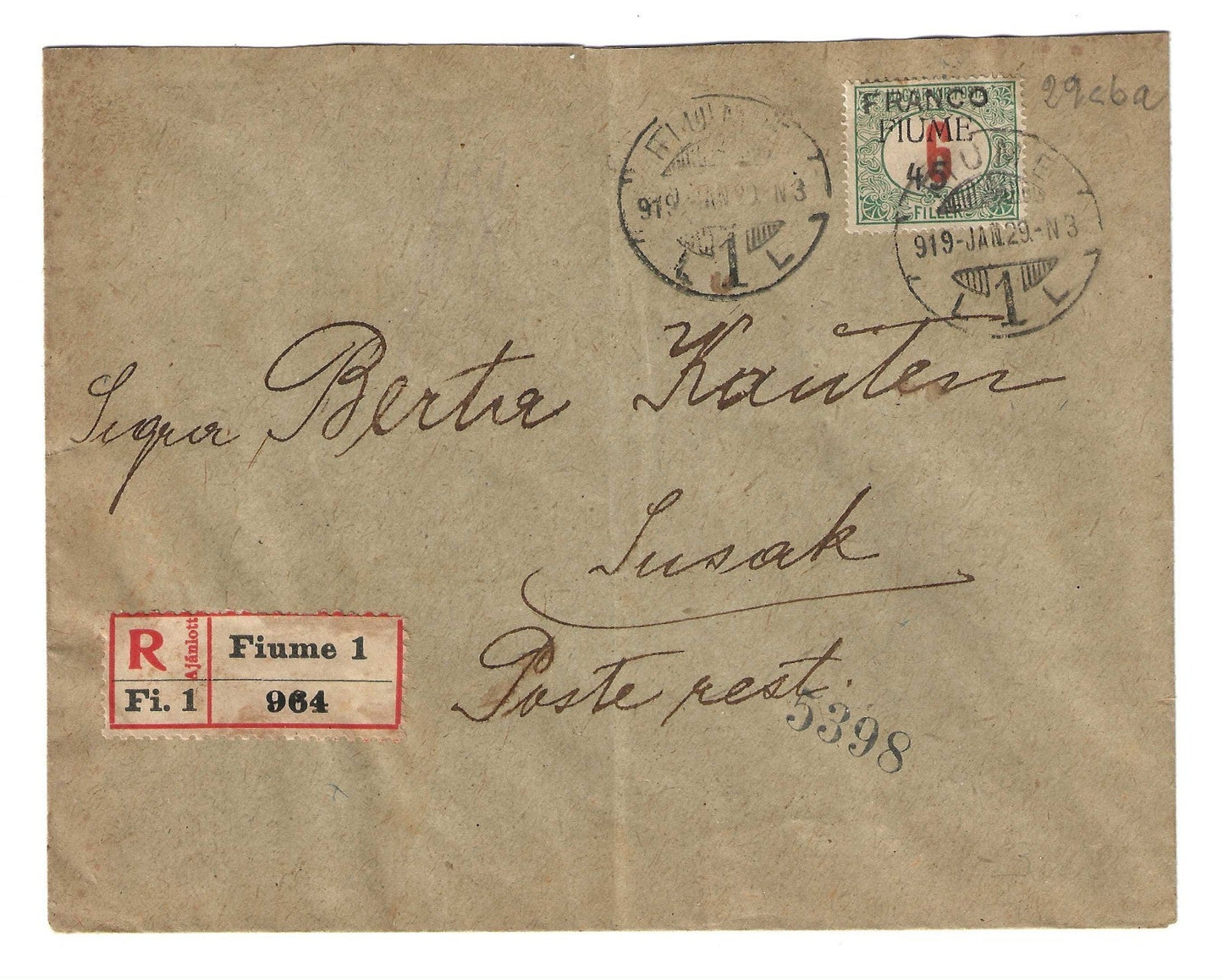 1919 Fiume - Busta Susak con 45 su 6 f. FRANCO 45 varietà rara senza sbarretta