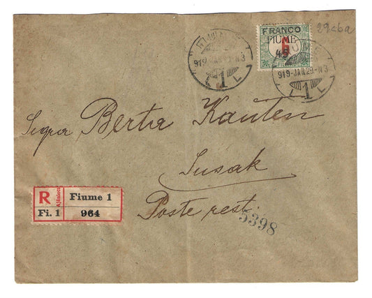1919 Fiume - Busta Susak con 45 su 6 f. FRANCO 45 varietà rara senza sbarretta