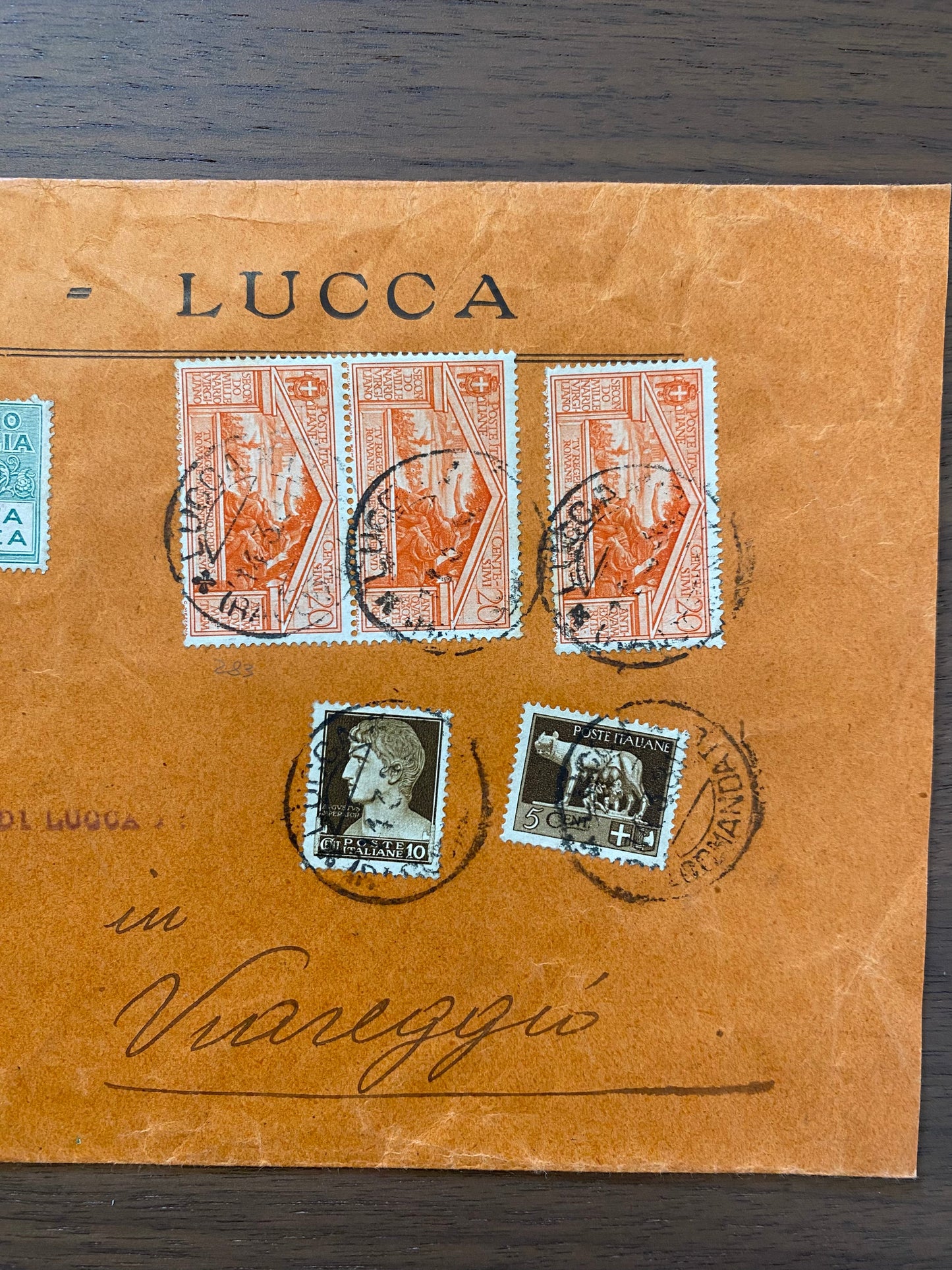 1931 Regno d'Italia busta da Lucca a Viareggio con francobolli 5 l. Posta Aerea e 20 c. serie Nascita di Virgilio