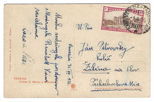 1924 Regno d'Italia Cartolina con francobollo 60 c. Anno Santo 1925 diretta in Cecoslovacchia