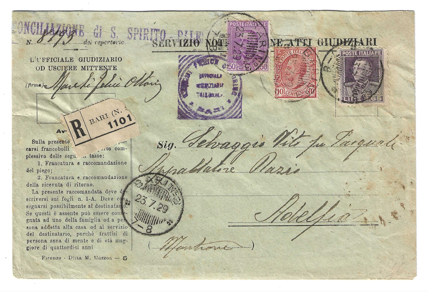 1929 Regno d'Italia Busta Atti Giudiziari con raro francobollo 2,65 l. violetto Parmeggiani