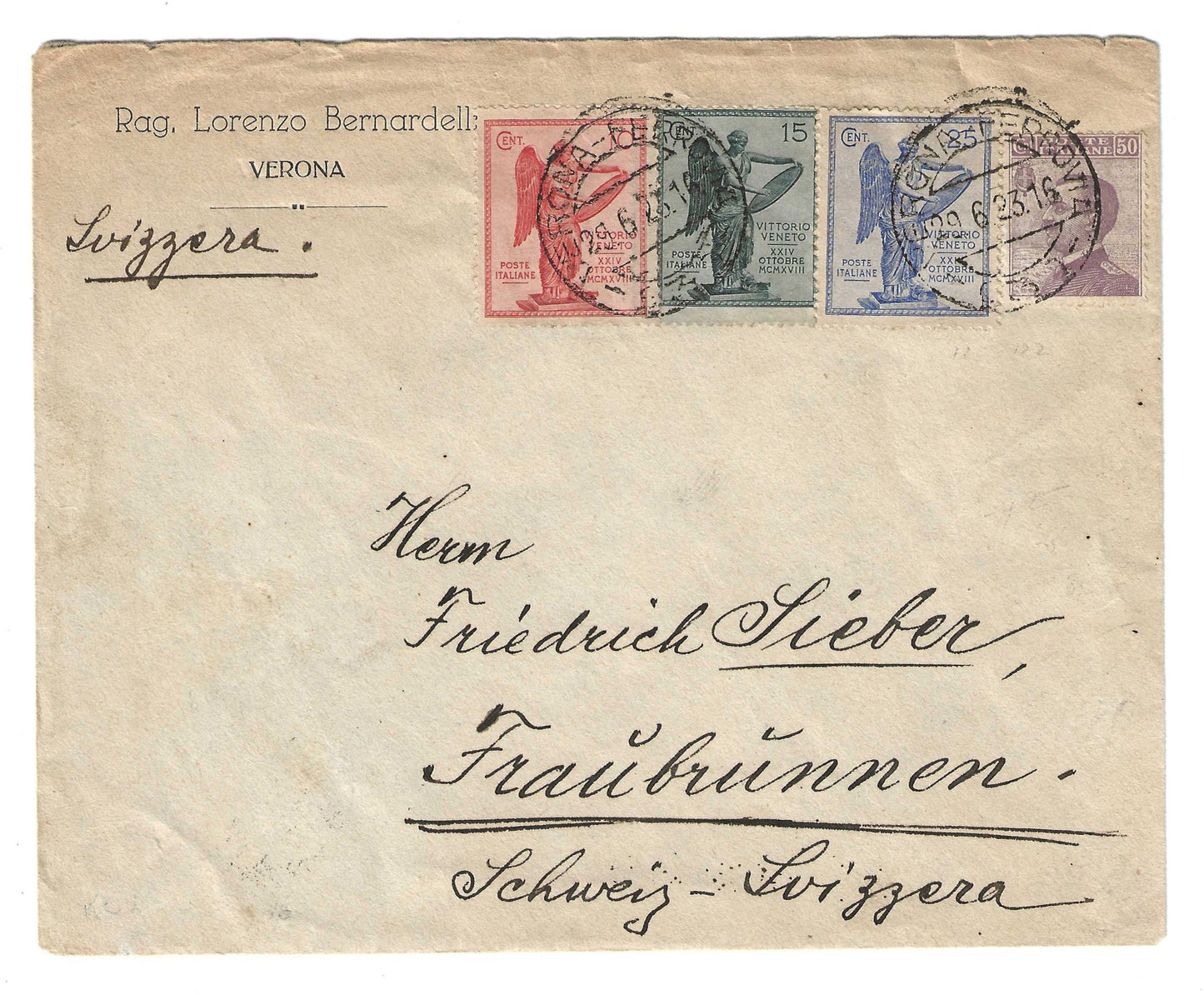 1923 Regno d'Italia busta per la Svizzera con affrancatura tricolore Vittoria