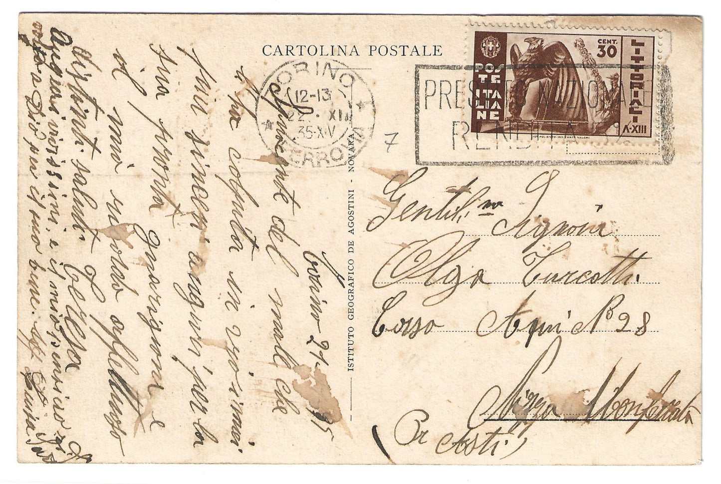 1935 Regno d'Italia Cartolina con francobollo 30 c. Littoriali da Torino a Nizza Monferrato