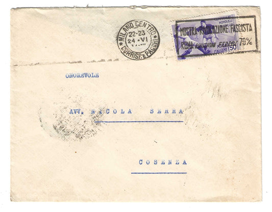1934 Regno d'Italia Busta per Cosenza con fracobollo 50 c. 2° Mondiale di Calcio violetto