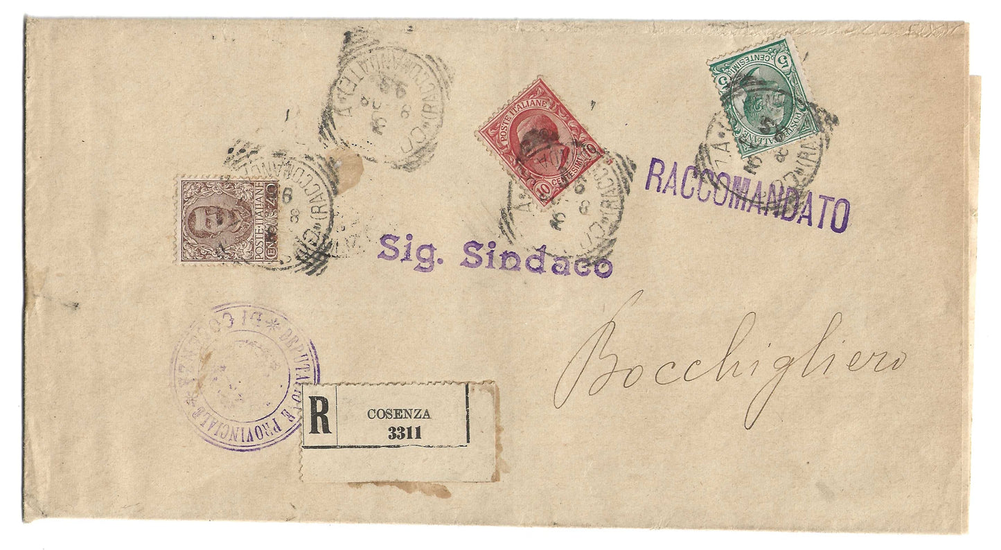 1908 Regno d'Italia piego da Cosenza a Bocchigliero con francobolli 40 c. serie Floreale e Leoni completa