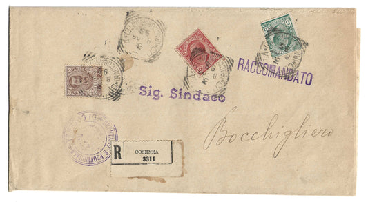 1908 Regno d'Italia piego da Cosenza a Bocchigliero con francobolli 40 c. serie Floreale e Leoni completa