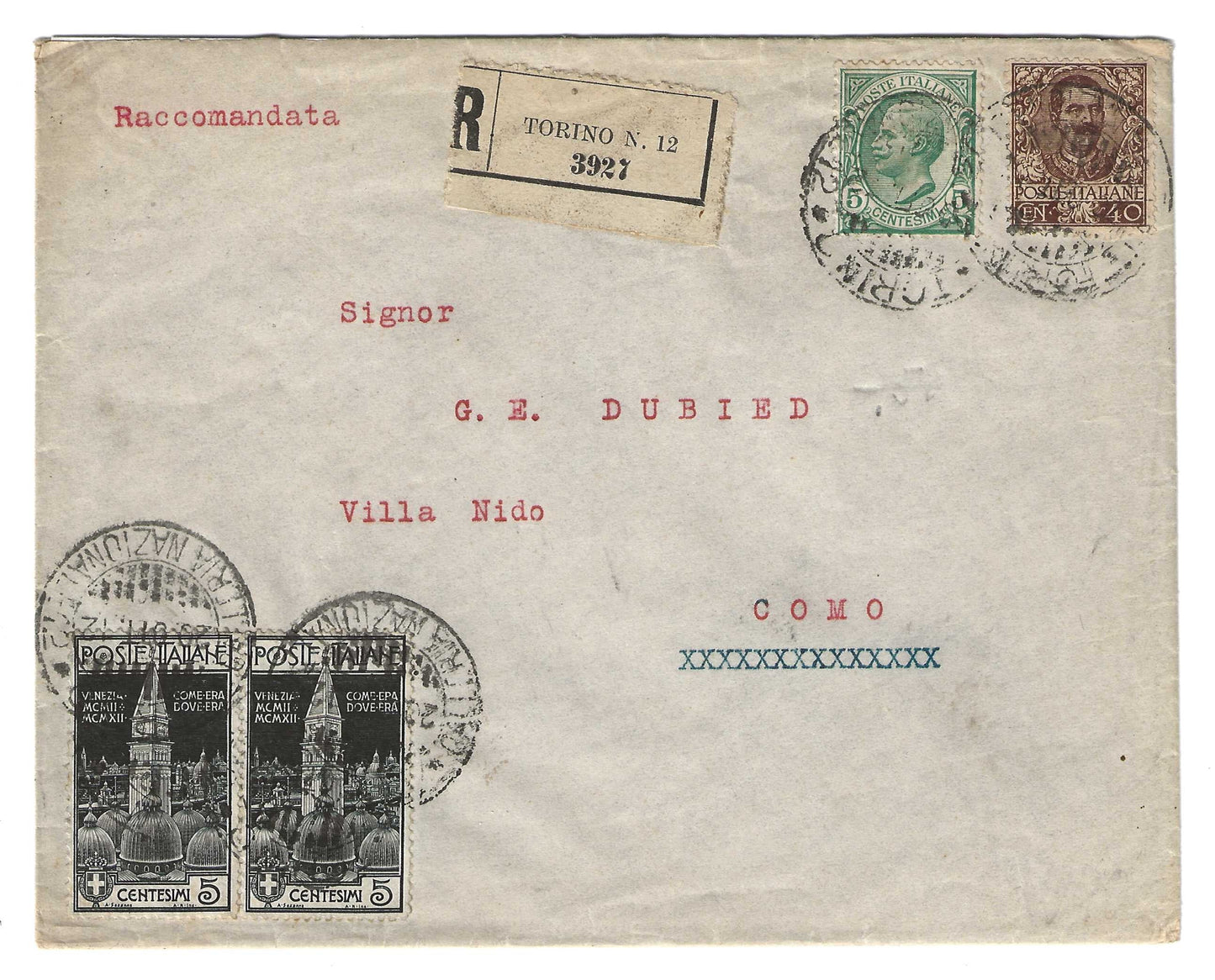 1912 Regno d'Italia Busta per Como con francobolli serie Floreale, Leoni e Campanile S. Marco