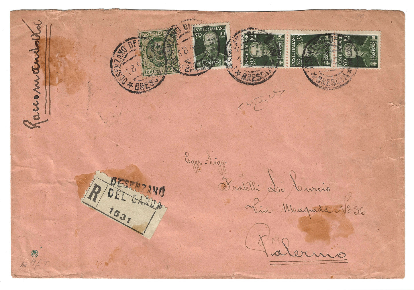 1929 Regno d'Italia Busta per Palermo con francobolli 50 + 10 c. serie Cinquantenario morte Vittorio Emanuele II 1928
