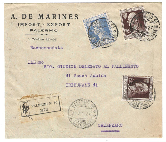 1927 Regno d'Italia Busta per Catanzaro con francobolli 60 c. e 1,25 l. della serie Alessandro Volta