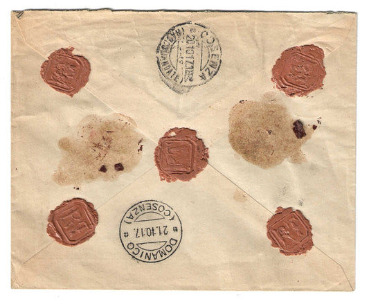 1917 Regno d'Italia Busta da Scigliano a Cosenza con francobollo 50 c. malva serie Floreale 1901
