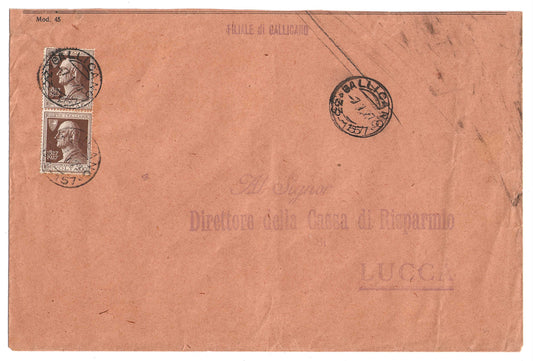 1927 Regno d'Italia Busta per Lucca da Gallicano con coppia francobolli 60 c. serie Alessandro Volta