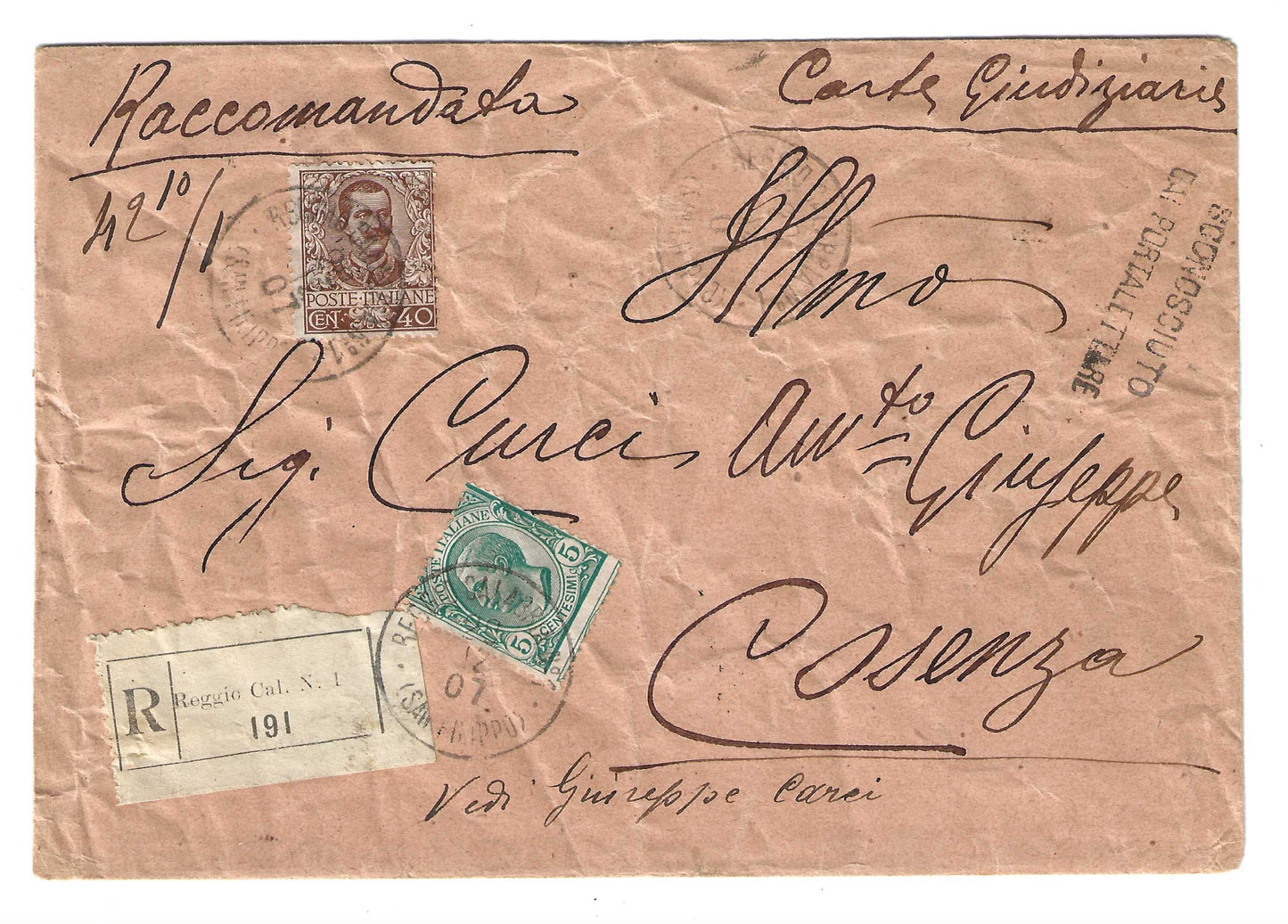 1901 Regno d'Italia Busta raccomandata per Cosenza con francobollo 40 c. Floreale e bollo Sconosciuto al Portalettere