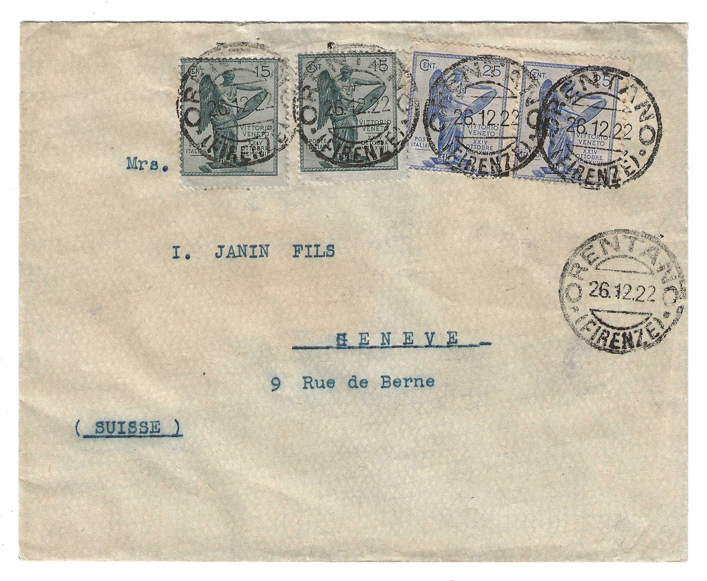 1922 Regno d'Italia Busta per la Svizzera con francobolli 15 e 25 c. della serie anniversario della Vittoria