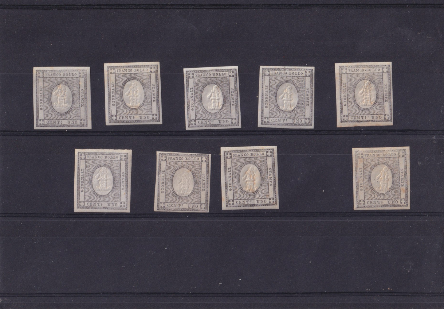 Sardegna 1861 Francobolli 1 cent per le stampe, accumulo di esemplari nuovi.