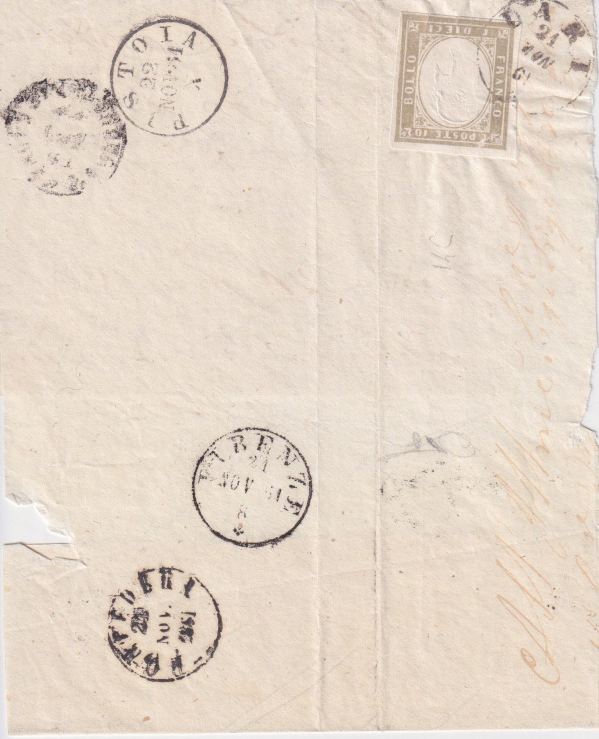 ASI Regno Di Sardegna 10 cent su busta Firenze Pistoia Colore molto schiarito