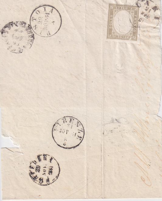 ASI Regno Di Sardegna 10 cent su busta Firenze Pistoia Colore molto schiarito