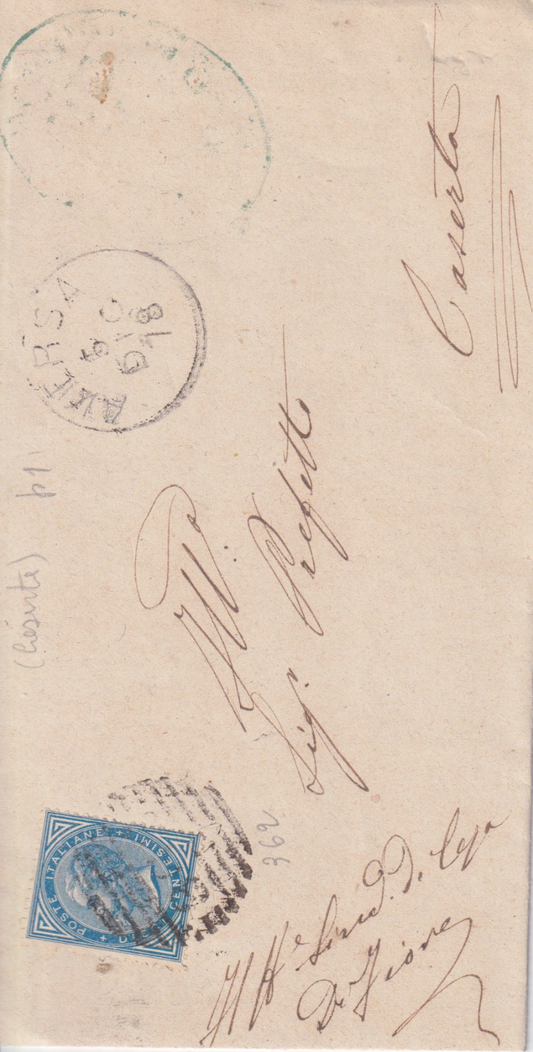 1878 Regno D'Italia busta per caserta annullo numerale 362 10 cent V E II