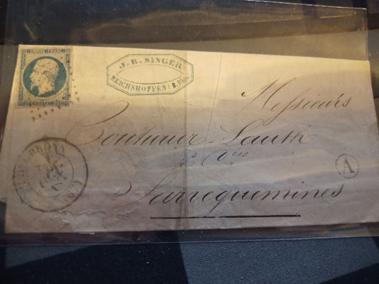 Francia 1852-61 Francobollo 20 Cent Napoleone III su Busta annullo numerale